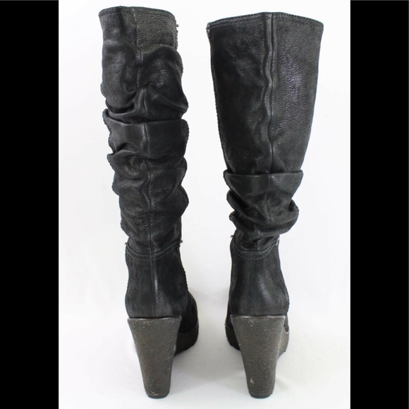 Prada Luxe Authentic Black Oiled Leather Ruched Wedge Knee High Boots Sz 39 US 9 - Picture 4 of 5